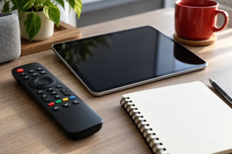TAZZ TV player setup desk with tablet and remote